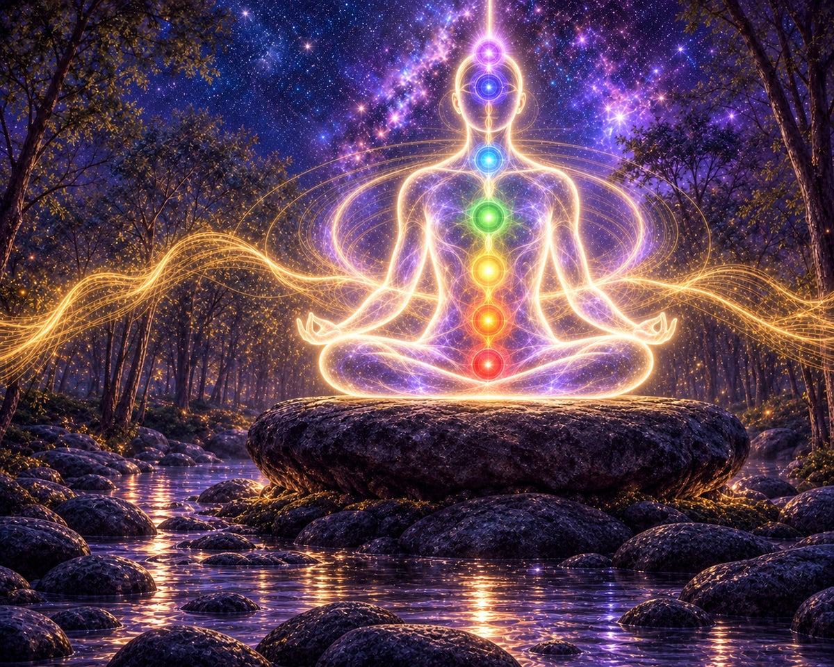 Luminous seated figure with seven colored chakra centers aligned from the base of the spine to the crown, surrounded by golden sound waves in a starry forest.