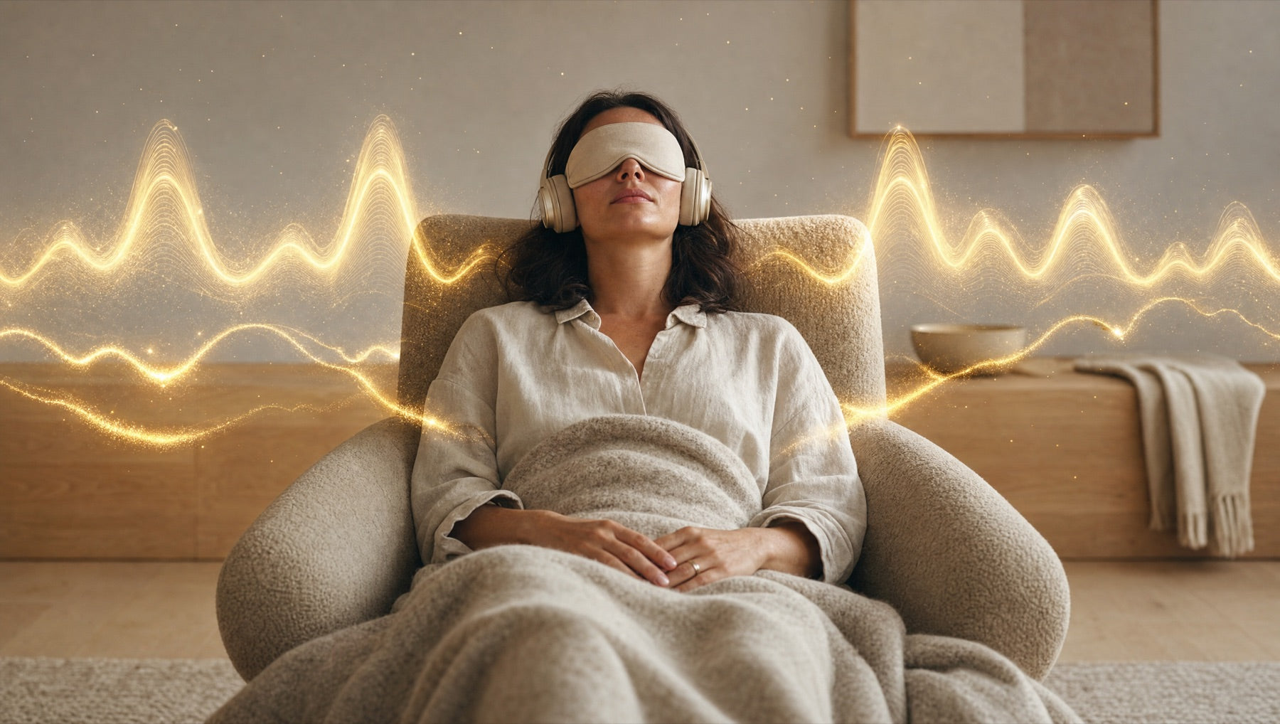 A person resting calmly held in soft golden waves of sound